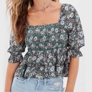 American Eagle Outfitters Boho Floral Smocked Blouse